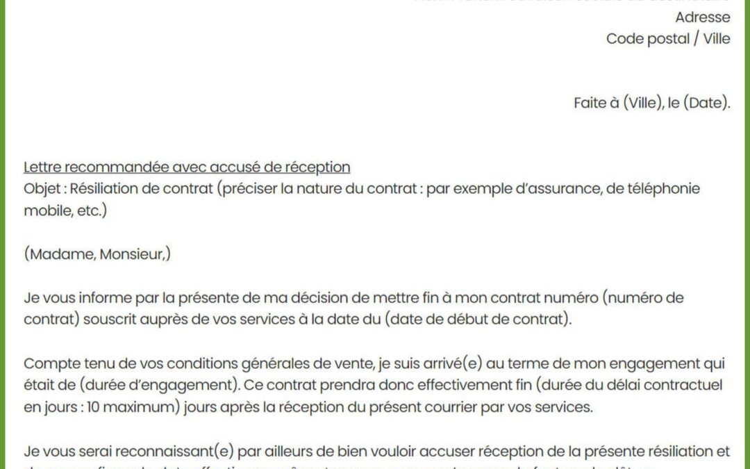 Lettre résiliation de contrat